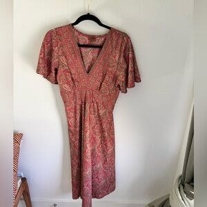 Hippie Coline Red Pink Paisley Boho Maxi Dress Flutter Sleeve F/S